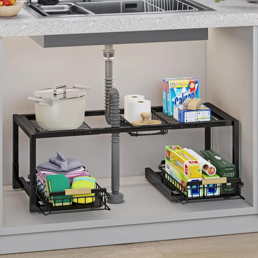 2-Tier Expandable Under Sink Pull-Out Organizer with Sliding Drawers, Kitchen-Bathroom-Laundry Room Storage Rack, Includes Iron Rack, Foot Pads for Tall Bottles