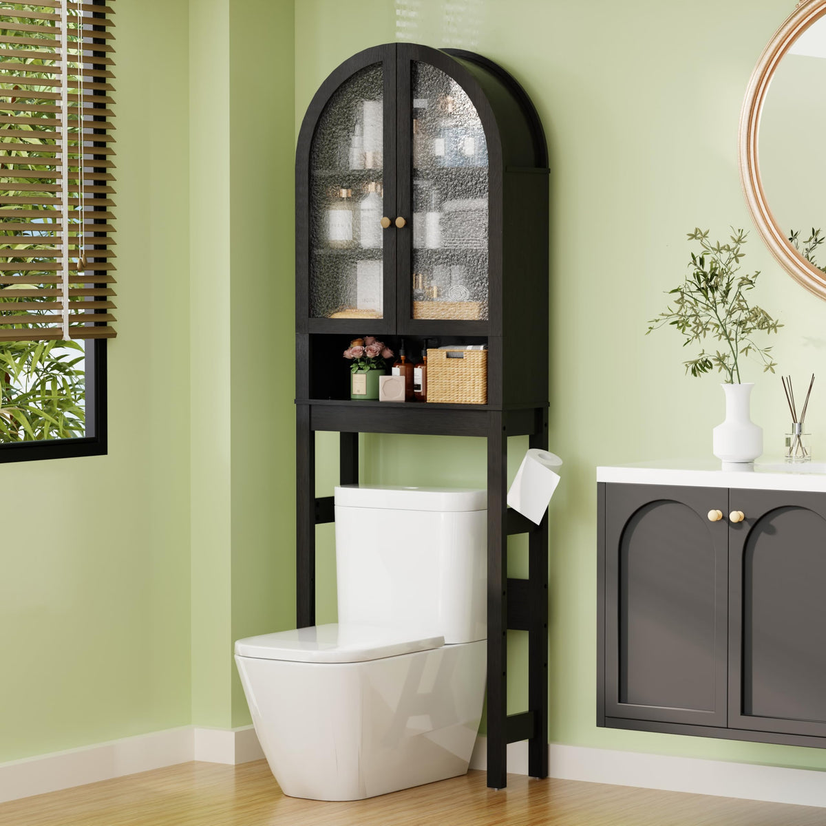 Over The Toilet Storage Cabinet, 29.7”W Modern Storage Cabinet Over Toilet with Acrylic Doors, Arched Freestanding Over Toilet Rack with Adjustable Shelf for Bathroom, White
