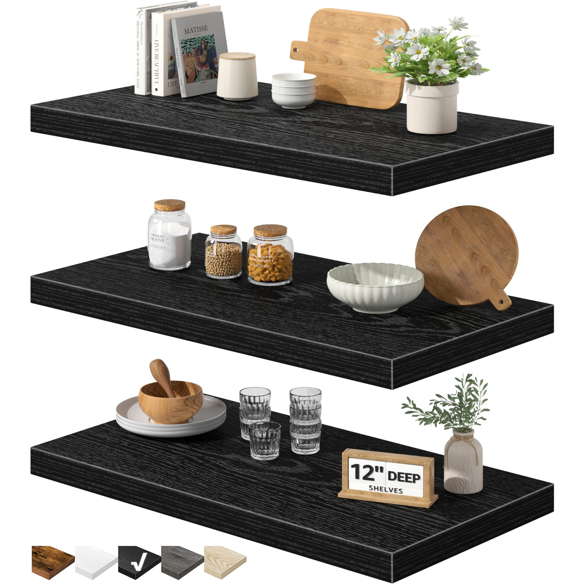 QEEIG Floating Shelves for Wall Small Shelf (Brown, Set of 3, 15.7" x 6.7")