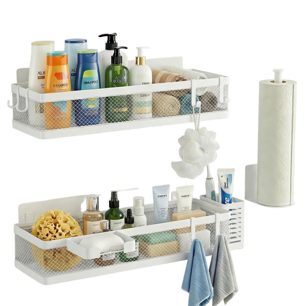 PUSDON Mesh Shower Caddy Wall Mount, Heavy Duty Adhesive Bathroom Shelf Organizer, Rustproof Floating Spice Rack for Kitchen Pantry, Holds 50 LBS, Multi-Purpose Storage Black-2 Packs (Netting)