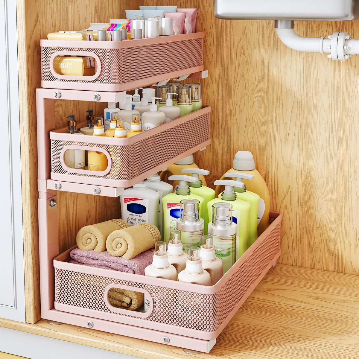 Under Sink Organizer, 3-Tier Thickened Metal Pull out Cabinet Organizer Shelf, Height Adjustable Slide out Storage Drawer Rack for Kitchen Bathroom Pantry Laundry Home Organization, 2-Pack, Black
