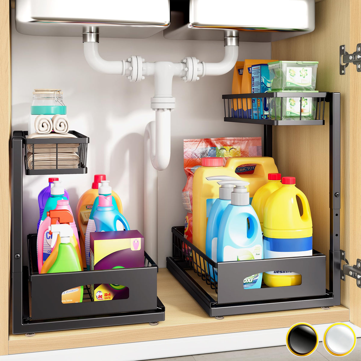 Under Sink Organizer, 2-Pack L-Shaped Metal Pull-Out Drawers for Kitchen