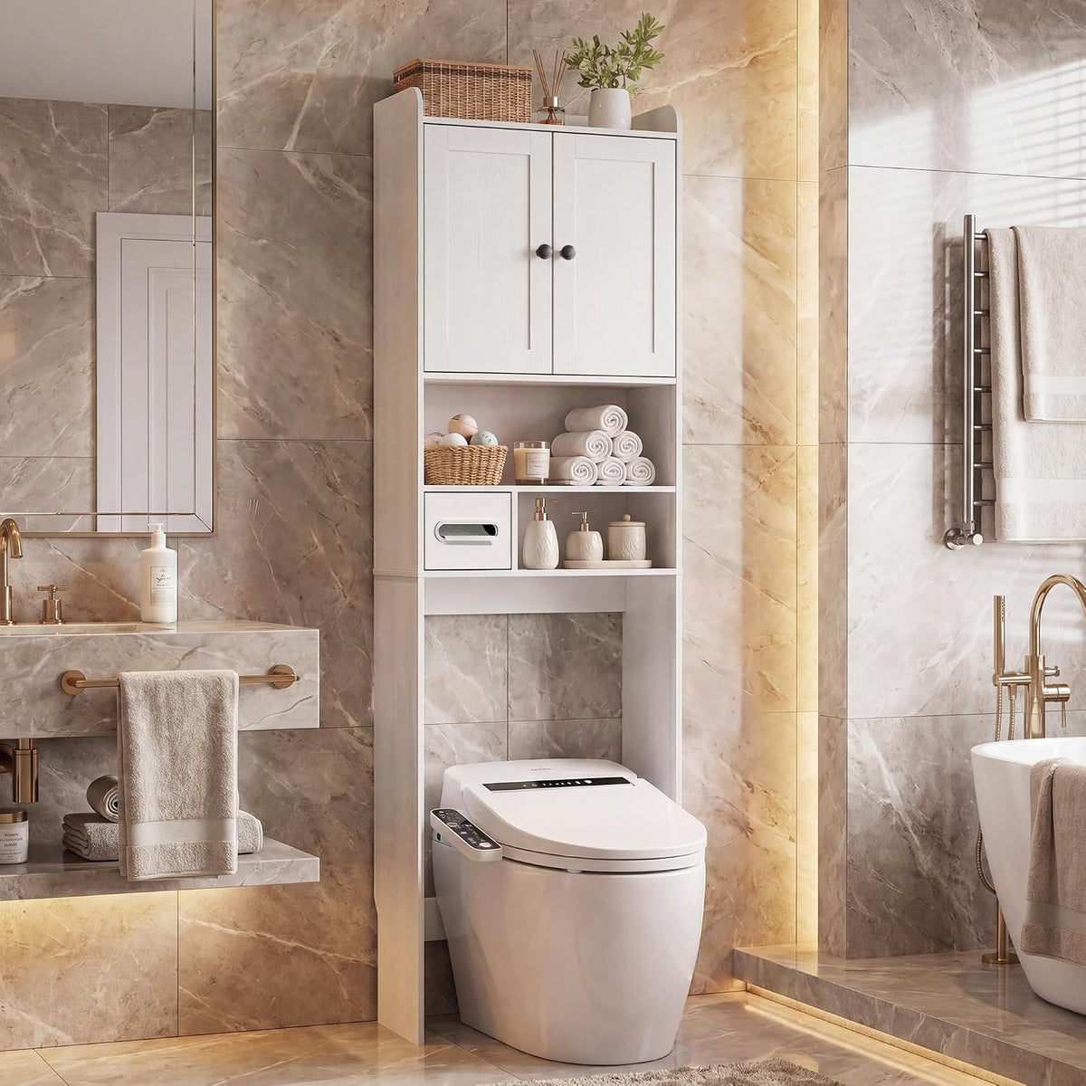 Over the Toilet Storage Cabinet, Tall Slim Bathroom Organizer with Doors, Adjustable Shelves & Built-in Toilet Paper Holder, Space-Saving Above Toilet Cabinet for Small Bathrooms(White)