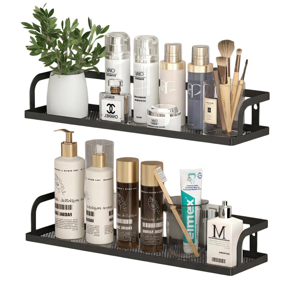 PUSDON Mesh Shower Caddy Wall Mount, Heavy Duty Adhesive Bathroom Shelf Organizer, Rustproof Floating Spice Rack for Kitchen Pantry, Holds 50 LBS, Multi-Purpose Storage Black-2 Packs (Netting)