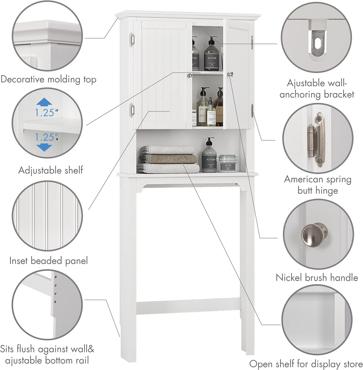 UTEX Over The Toilet Storage Cabinet, White Bathroom Organizer with Doors