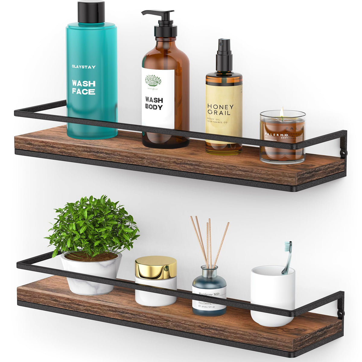 Meangood Floating Shelves Wall Mounted Set of 2, Rustic Wood Wall Storage Shelves for Bedroom,Living Room,Bathroom, Kitchen Torched Wood