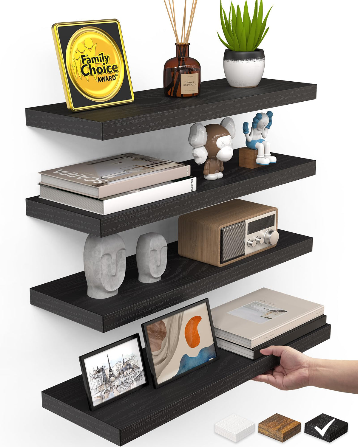 BAYKA Black Floating Shelves 15.7in, Set of 3, Wall Mount Rustic Wood Shelf