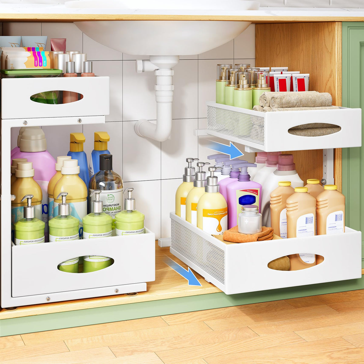 Under Sink Organizer, 2-Pack Pull Out Cabinet Organizer 2 Tier Metal Slide Out Storage Shelf Rack, L-Shaped Adjustable Height,Mesh Sliding Drawer for Kitchen, Bathroom, Laundry, Pantry, White, XL