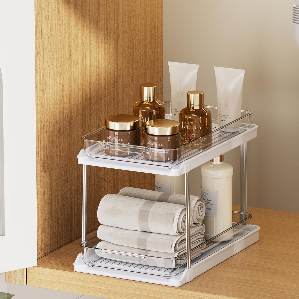 Delamu 2-Tier Bathroom Under Sink Organizers and Storage, Pull Out Cabinet Drawers with Anti-Slip Design, Multi-Purpose Storage for Kitchen, Pantry, Bathroom & Home Organization, White, 4 Pack
