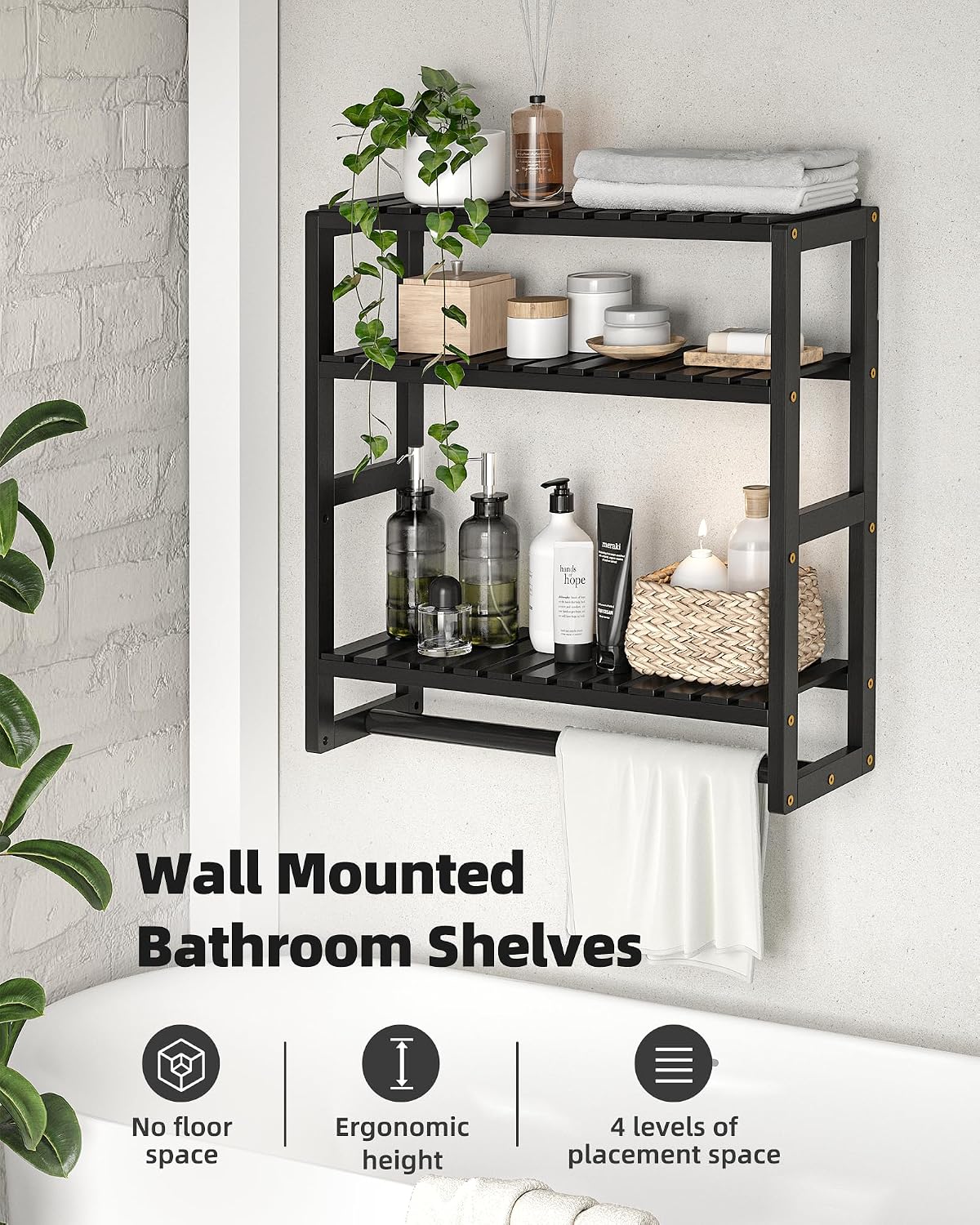 Galood Over The Toilet Storage Bathroom Shelves Wall Mounted 3 Tier Black