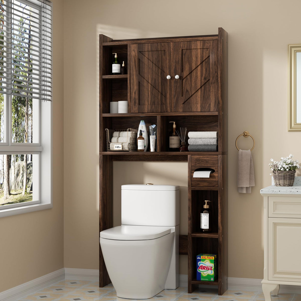 Shintenchi Over the Toilet Storage Cabinet, Bathroom Storage Cabient with Barn Doors, Bathroom Storage Shelf Organizer with Toilet Paper Holder, Adjustable Shelf and Anti-Tip Device, White