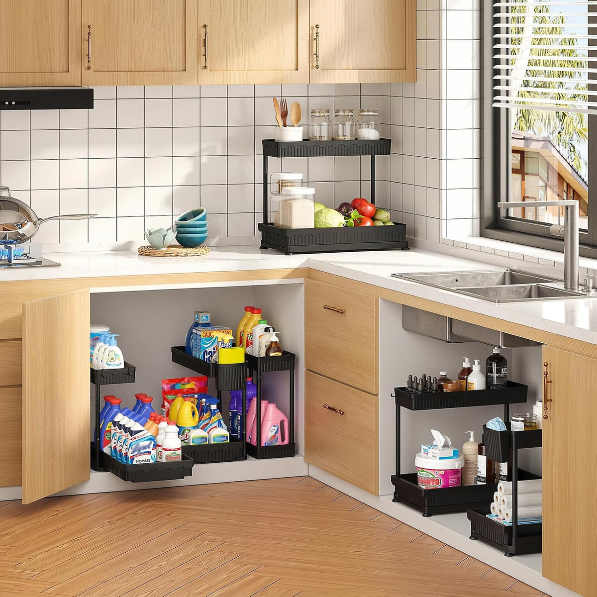 Sevenblue 3-Pack 2-Tier L-Shaped Under Sink Organizers with Sliding Drawers