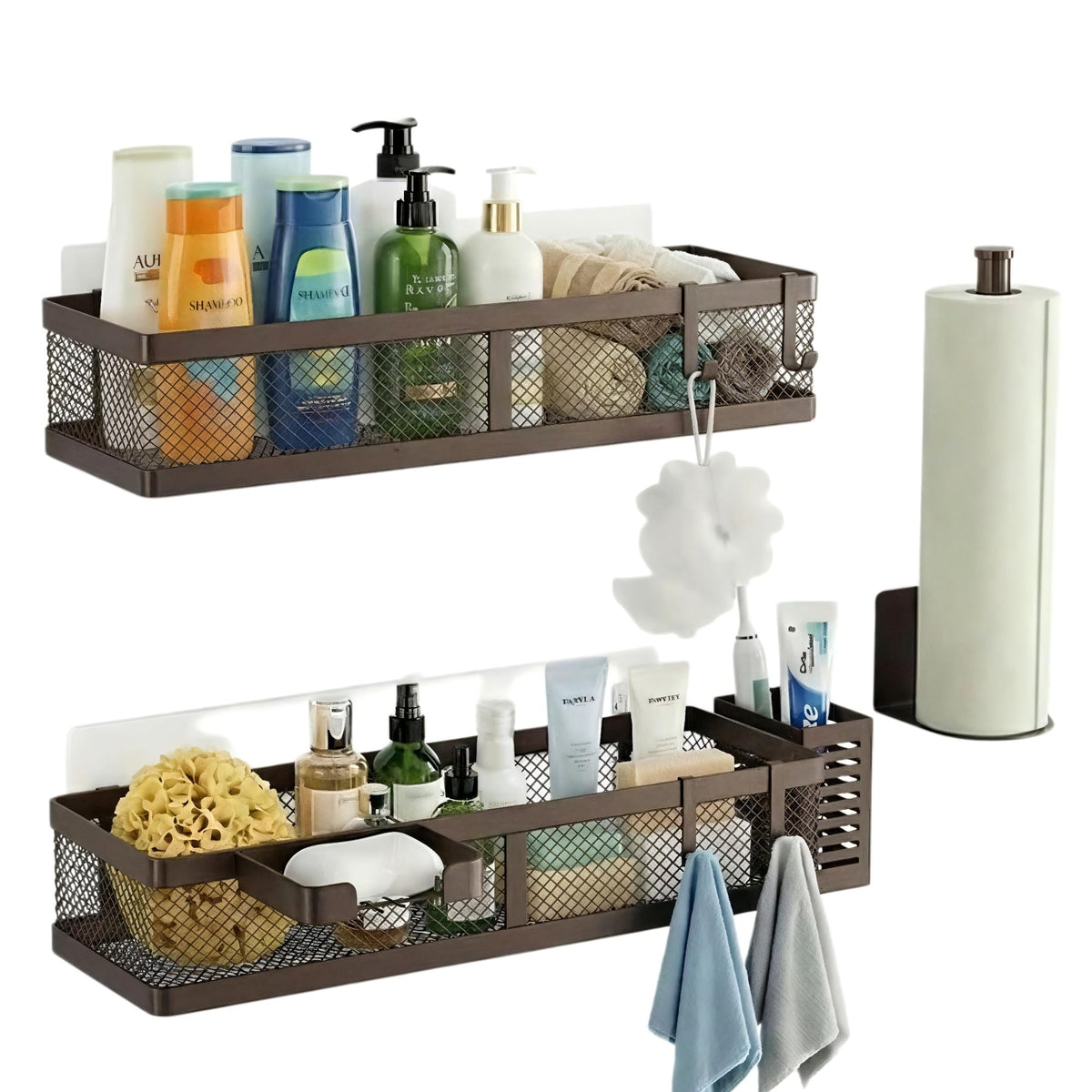 PUSDON Mesh Shower Caddy Wall Mount, Heavy Duty Adhesive Bathroom Shelf Organizer, Rustproof Floating Spice Rack for Kitchen Pantry, Holds 50 LBS, Multi-Purpose Storage Black-2 Packs (Netting)