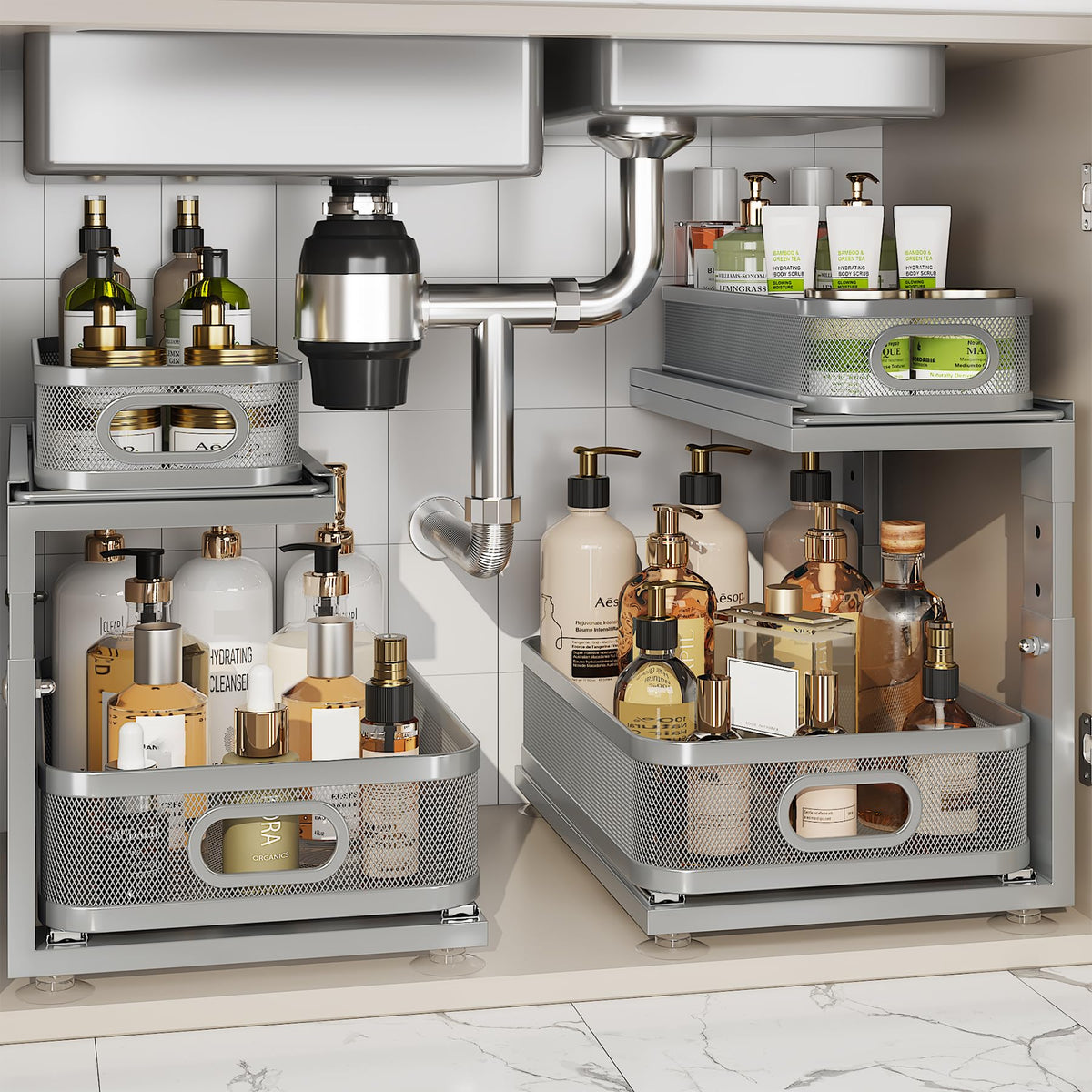 2 Pack Under Sink Organizer With Next-Gen Ball-Bearing Slides,2-Tier Precision Mesh Pull Out Cabinet Drawers Storage for Bathroom&Kitchen,Height Adjustable Shelf,Rust-resistant-Patent Pending