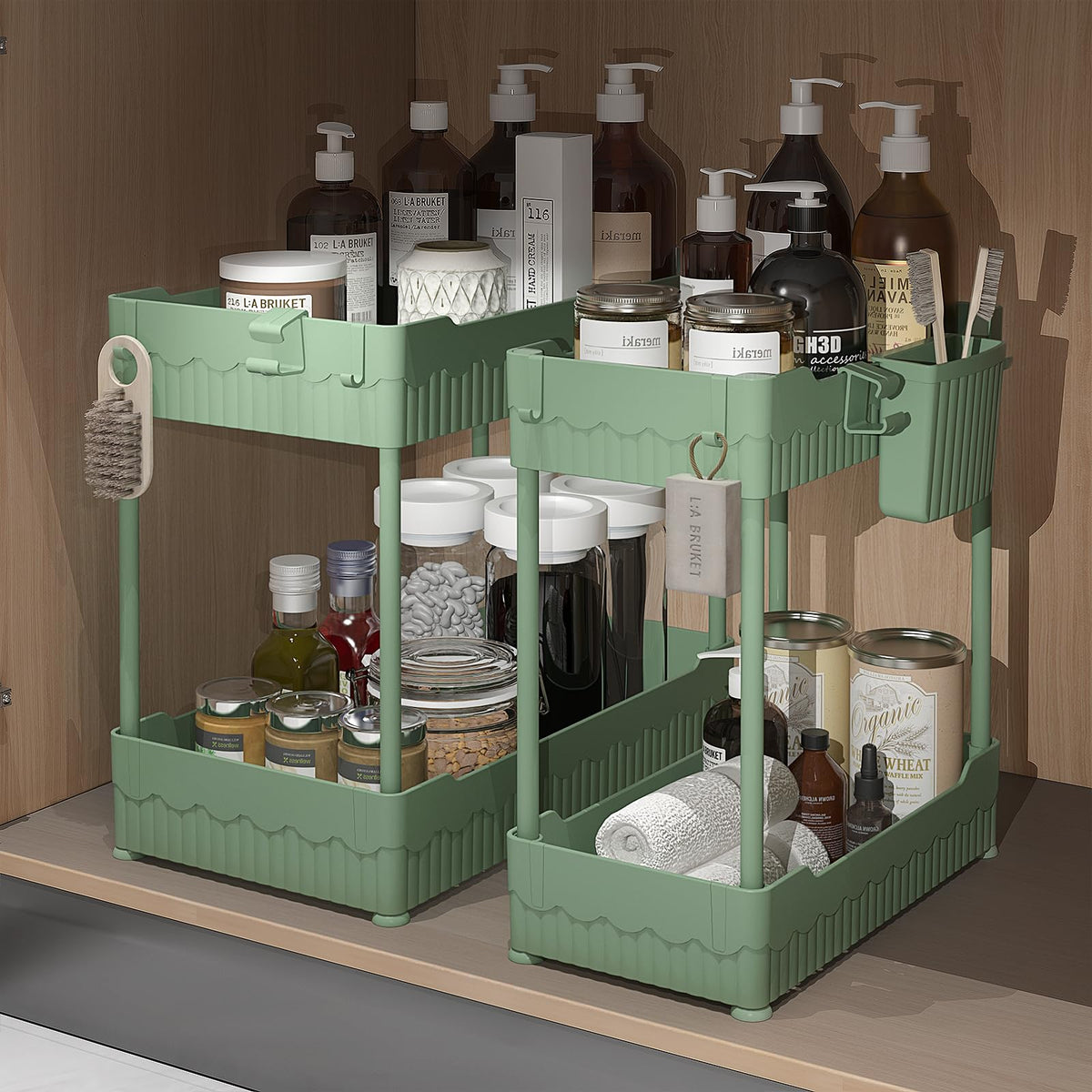 Sevenblue 2-Pack Under Sink Organizer with Hooks & Hanging Cup for Kitchen