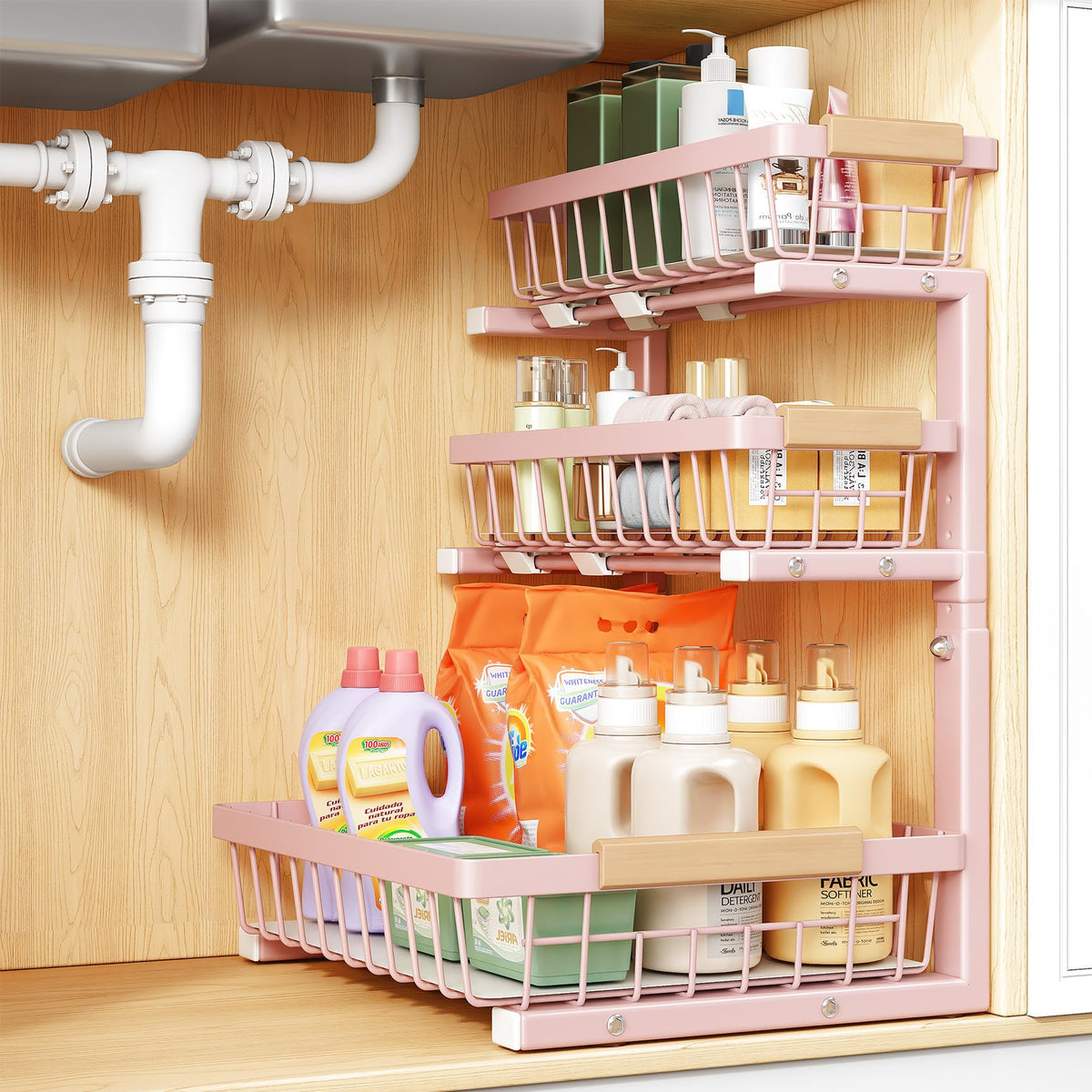 PXRACK Under Sink Organizer, 2-Pack 3-Tier Height Adjustable Thickened Metal Pull out Cabinet Organizer Shelf, Slide out Storage Drawer Rack for Bathroom Kitchen Pantry Home Organization, White