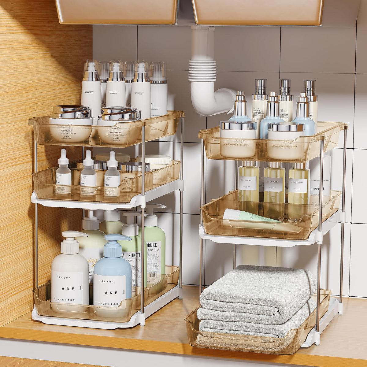 Delamu 2 Sets of 3-Tier Bathroom Under Sink Organizers and Storage, Multi-Purpose Stackable Pantry Organization and Storage, Pull Out Clear Kitchen Bathroom Cabinet Organizer with Movable Dividers