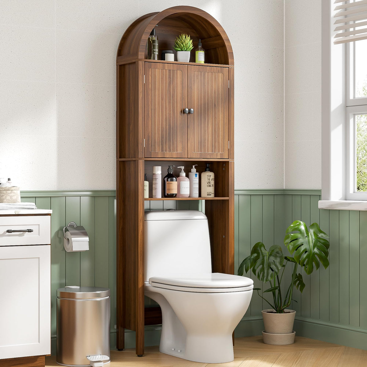 Arched Over The Toilet Storage Cabinet with Acrylic Doors, Bathroom Shelf