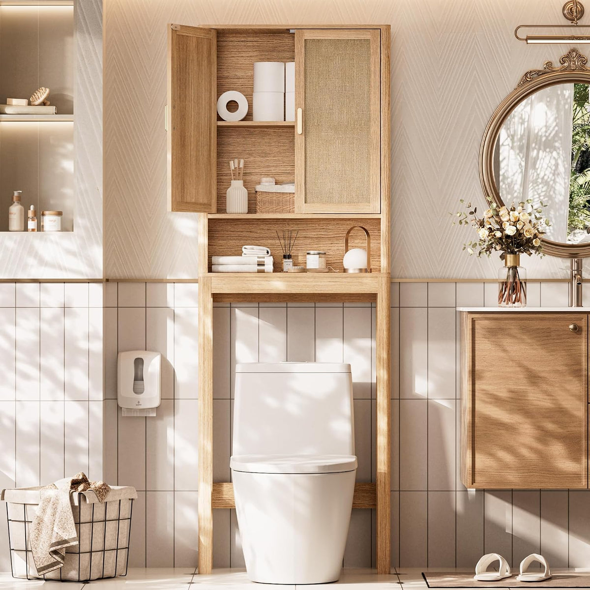 Over the Toilet Storage Cabinet, Bathroom Storage Cabinet with Rattan Doors, Bathroom Cabinet Over Toilet with Adjustable Shelf, Tall Freestanding Over Toilet Bathroom Organizer, Boho Natural Style