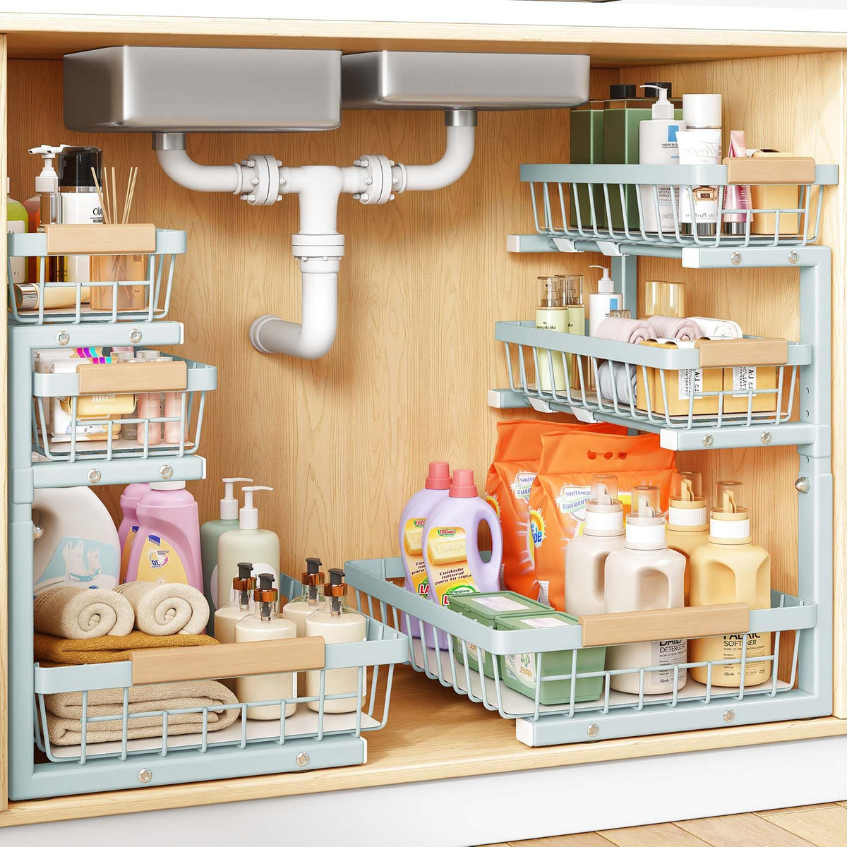 PXRACK Under Sink Organizer, 2-Pack 3-Tier Height Adjustable Thickened Metal Pull out Cabinet Organizer Shelf, Slide out Storage Drawer Rack for Bathroom Kitchen Pantry Home Organization, White