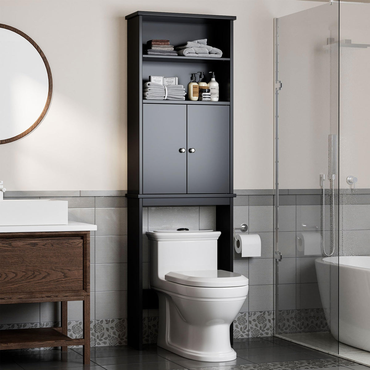 Shintenchi Over the Toilet Storage Cabinet, Bathroom Shelf Organizer with Anti-Tip Device Small Freestanding Space Saver with Adjustable Shelf，White