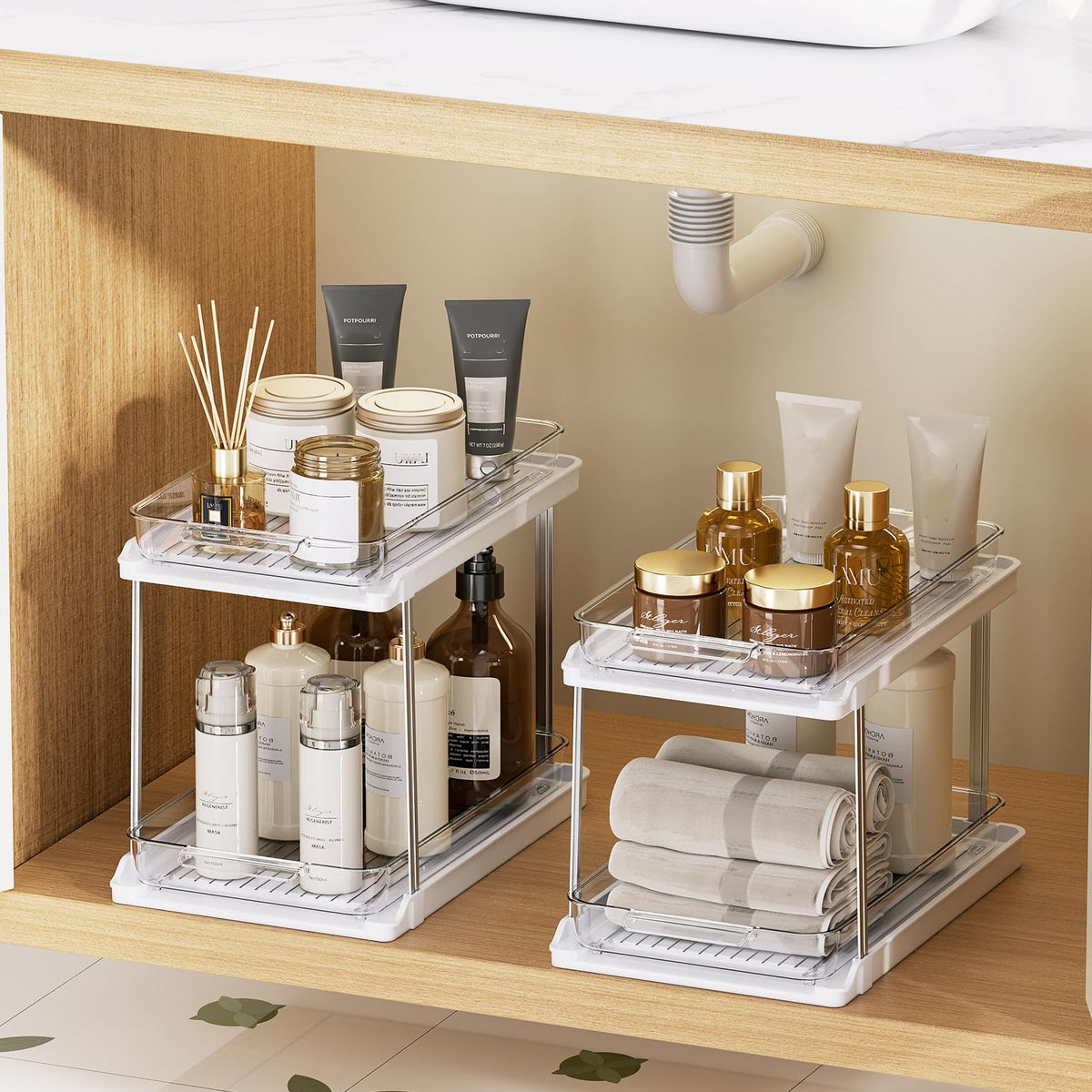 Delamu 2-Tier Bathroom Under Sink Organizers and Storage, Pull Out Cabinet Drawers with Anti-Slip Design, Multi-Purpose Storage for Kitchen, Pantry, Bathroom & Home Organization, White, 4 Pack