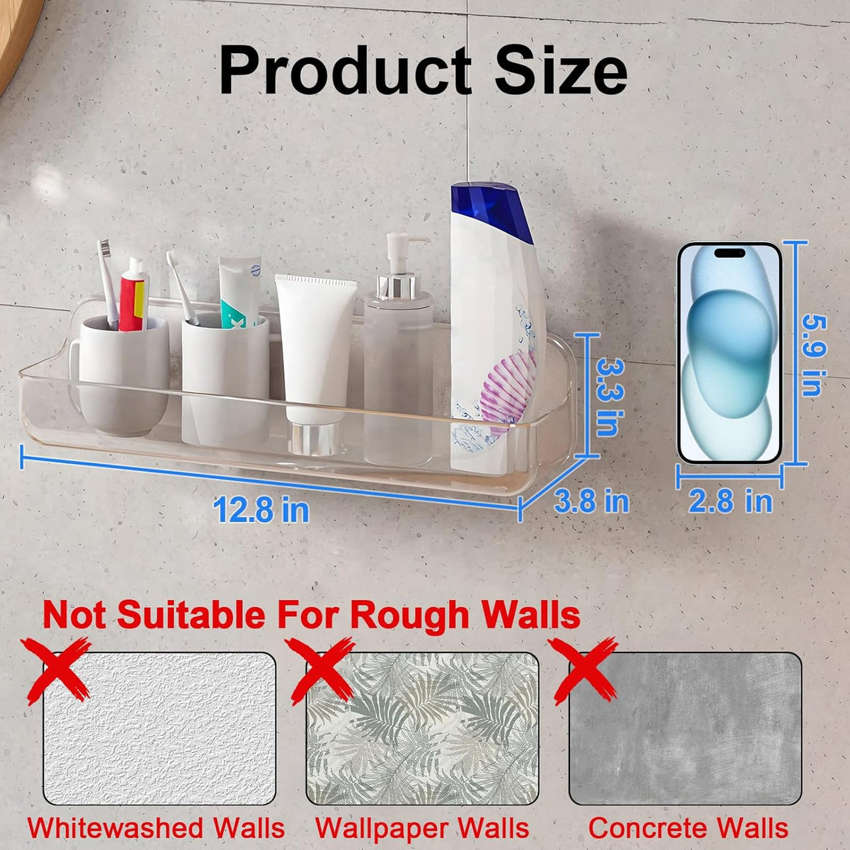 Diesisa Acrylic Wall Mounted Shower Caddy, Large, Adhesive Bathroom Shelves