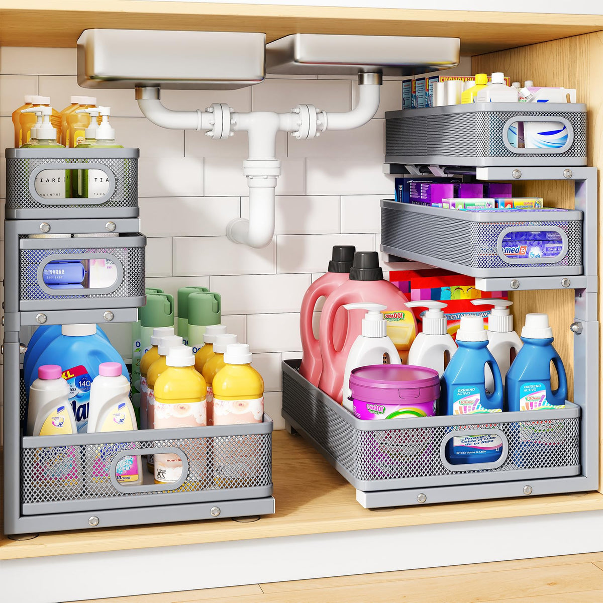 Under Sink Organizer, 3-Tier Thickened Metal Pull out Cabinet Organizer Shelf, Height Adjustable Slide out Storage Drawer Rack for Kitchen Bathroom Pantry Laundry Home Organization, 2-Pack, Black