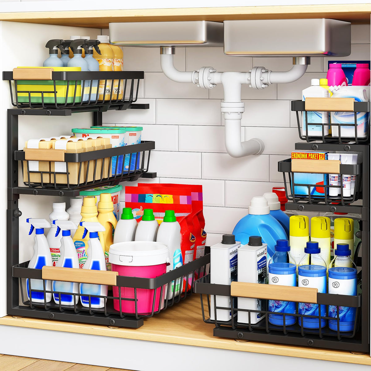 PXRACK Under Sink Organizer, 2-Pack 3-Tier Height Adjustable Thickened Metal Pull out Cabinet Organizer Shelf, Slide out Storage Drawer Rack for Bathroom Kitchen Pantry Home Organization, White