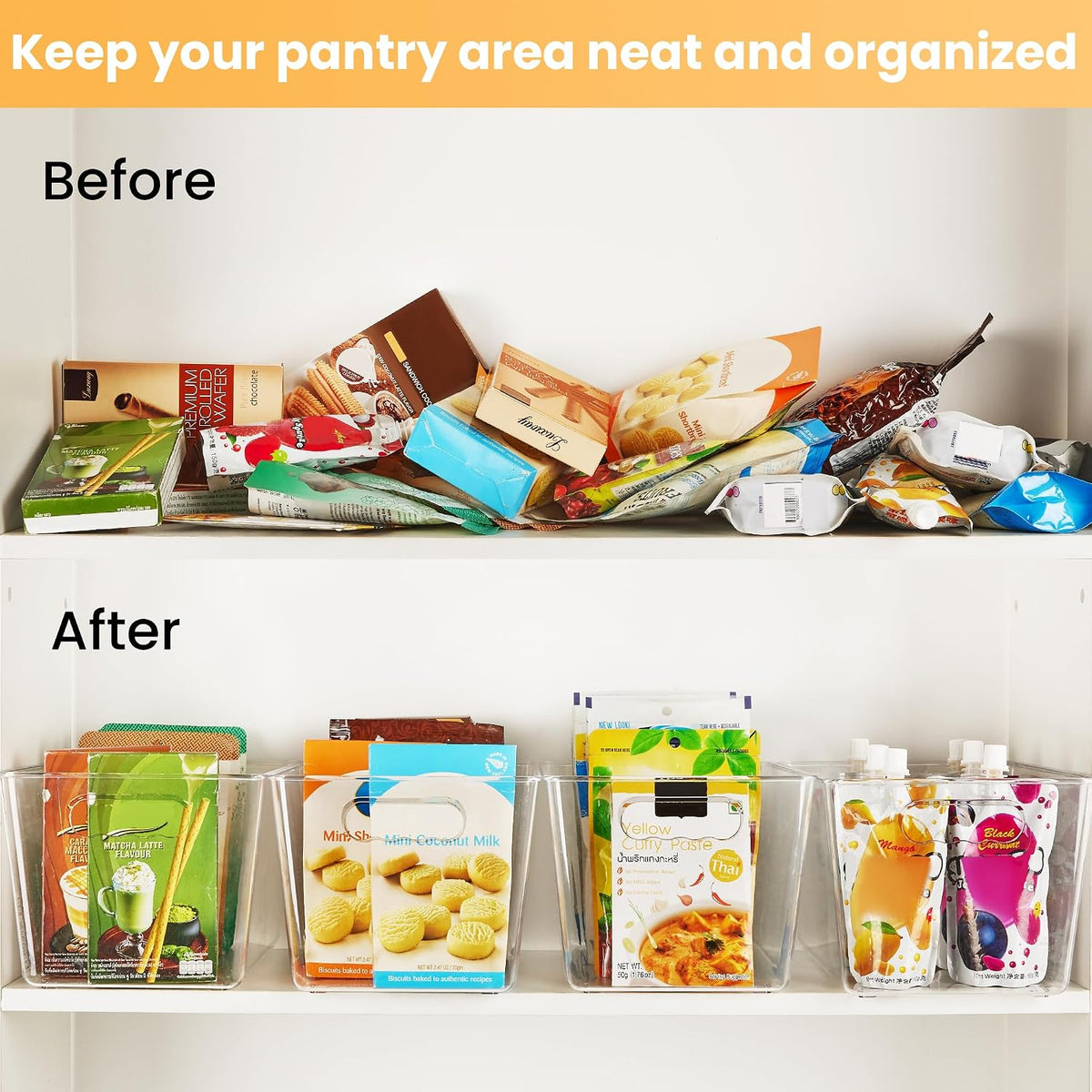 YIHONG 6 Pack Clear Storage Bins, Pantry Organizer Bins with Handle, Large