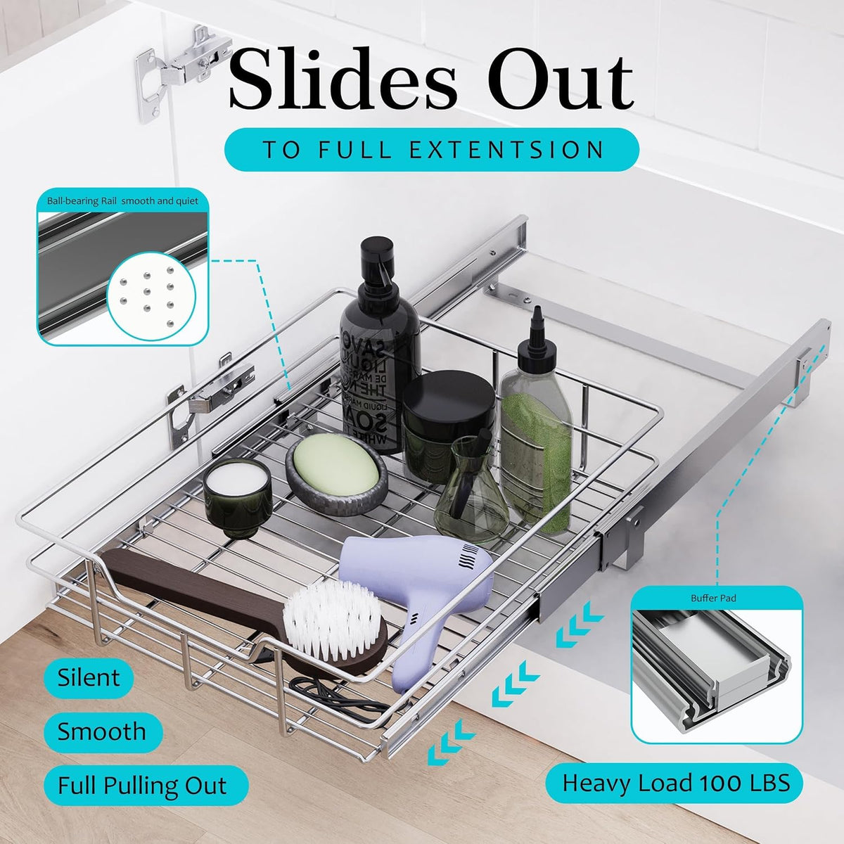 Pull Out Cabinet Organizer 21" W X 22" D, Chromed, Full Slide Out Drawers