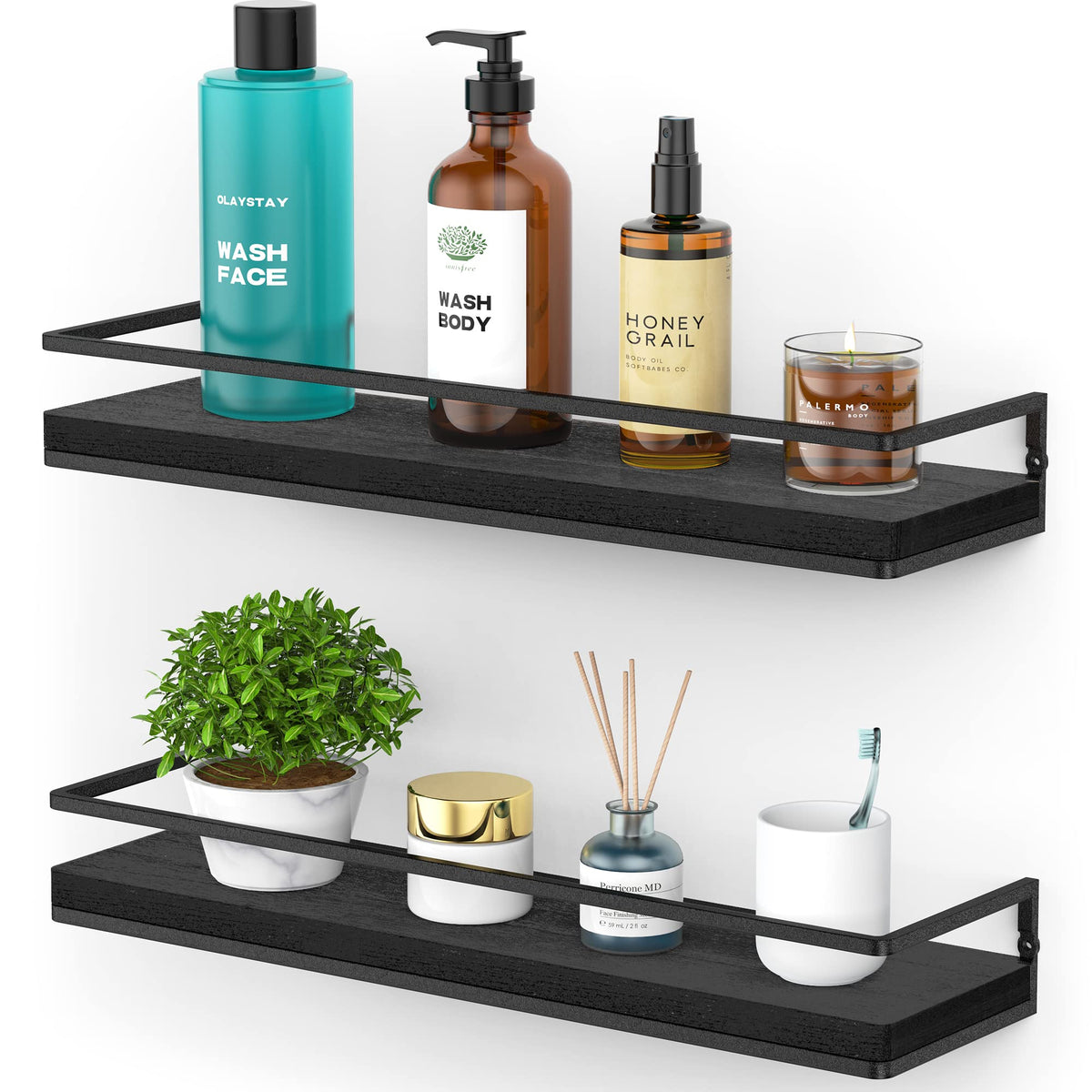 Meangood Floating Shelves Wall Mounted Set of 2, Rustic Wood Wall Storage Shelves for Bedroom,Living Room,Bathroom, Kitchen Torched Wood