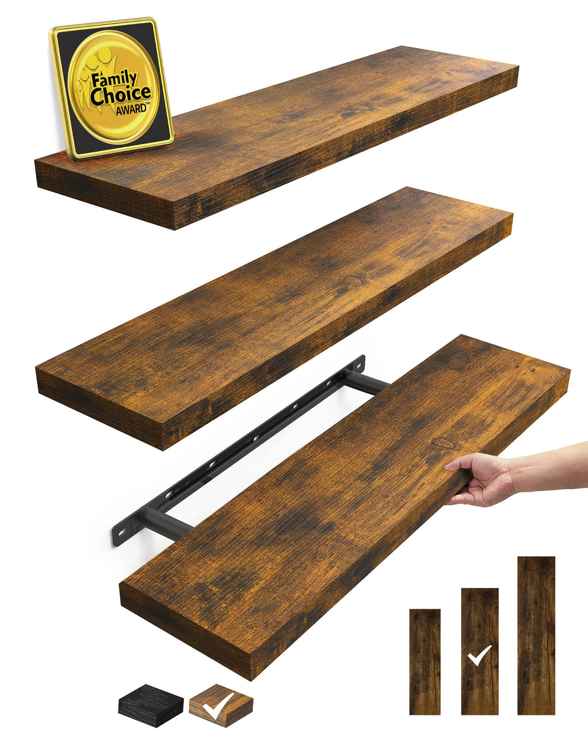BAYKA Black Floating Shelves 15.7in, Set of 3, Wall Mount Rustic Wood Shelf