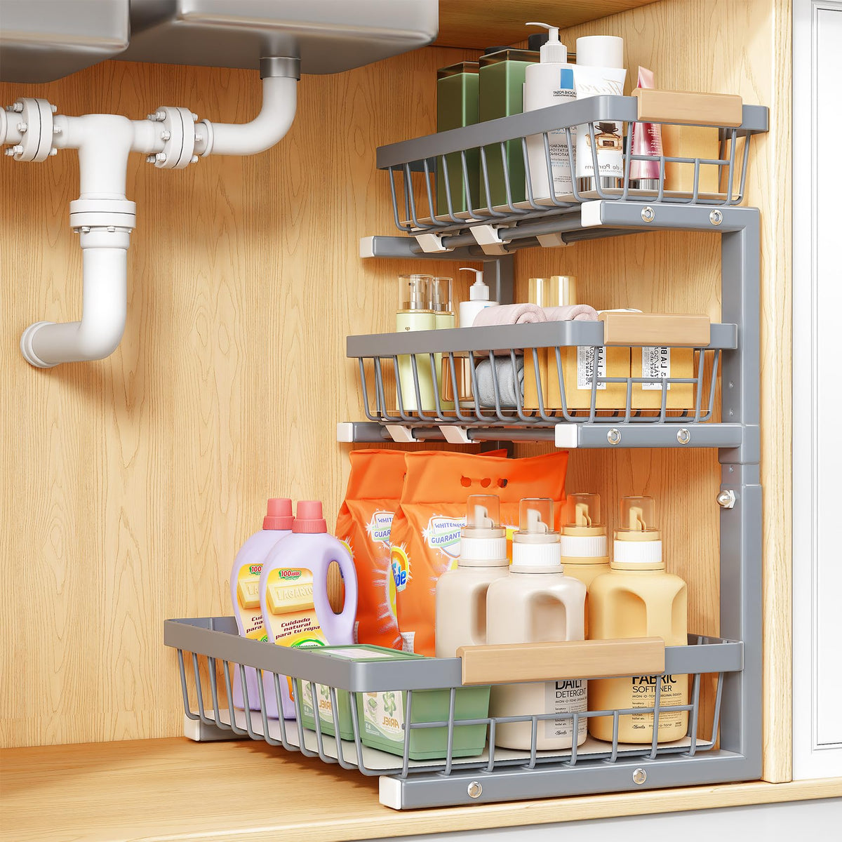 PXRACK Under Sink Organizer, 2-Pack 3-Tier Height Adjustable Thickened Metal Pull out Cabinet Organizer Shelf, Slide out Storage Drawer Rack for Bathroom Kitchen Pantry Home Organization, White