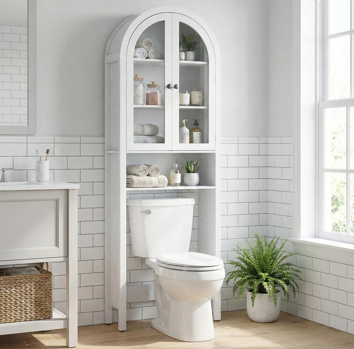 Arched Over The Toilet Storage Cabinet with Acrylic Doors, Bathroom Shelf