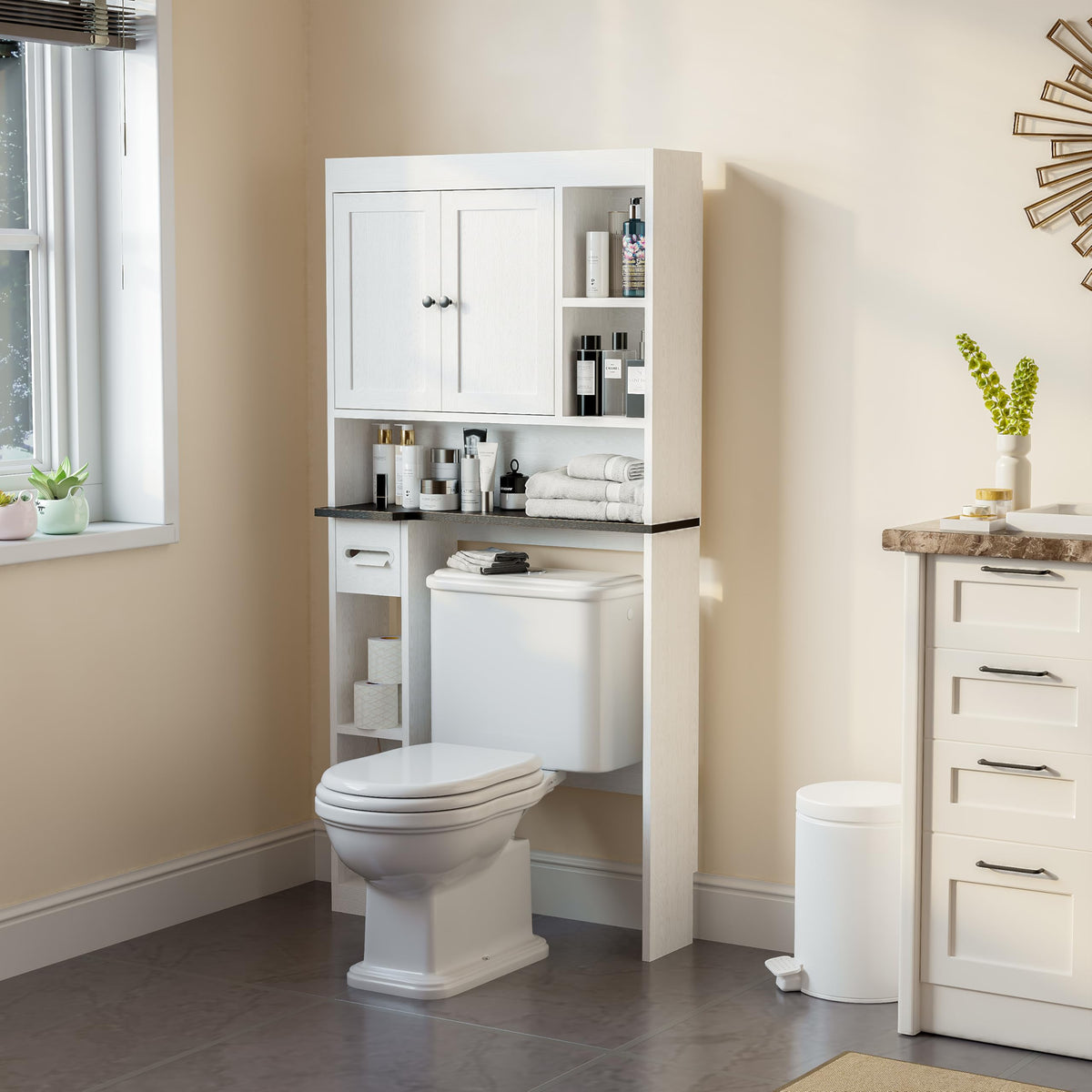 Over The Toilet Storage Cabinet with 7 Shelves, Imitation Walnut Grain Above Toilet Bathroom Organizer with Toilet Paper Holder Stand, Space Saver for Restroom, Laundry, Bathroom (White)