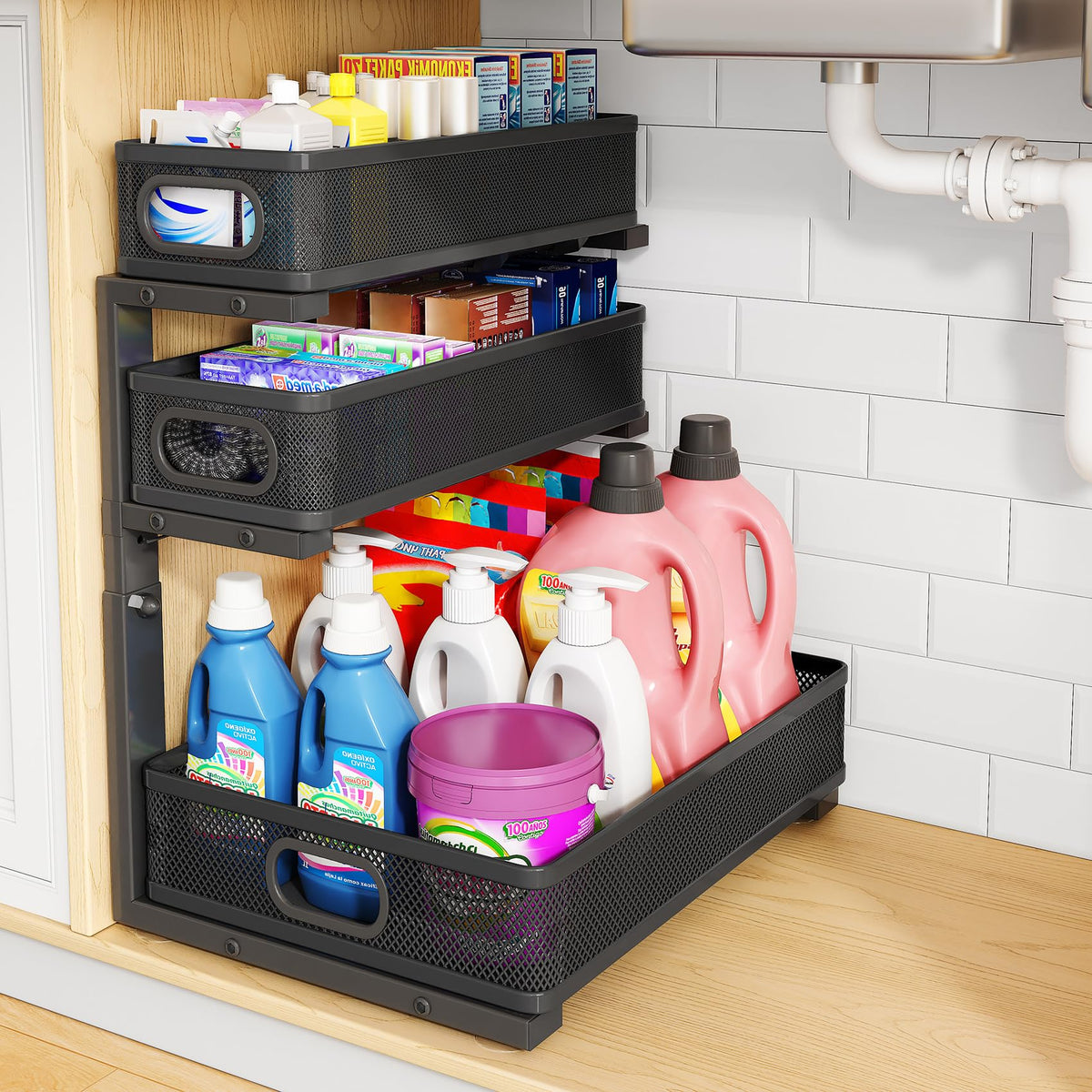 Under Sink Organizer, 3-Tier Thickened Metal Pull out Cabinet Organizer Shelf, Height Adjustable Slide out Storage Drawer Rack for Kitchen Bathroom Pantry Laundry Home Organization, 2-Pack, Black