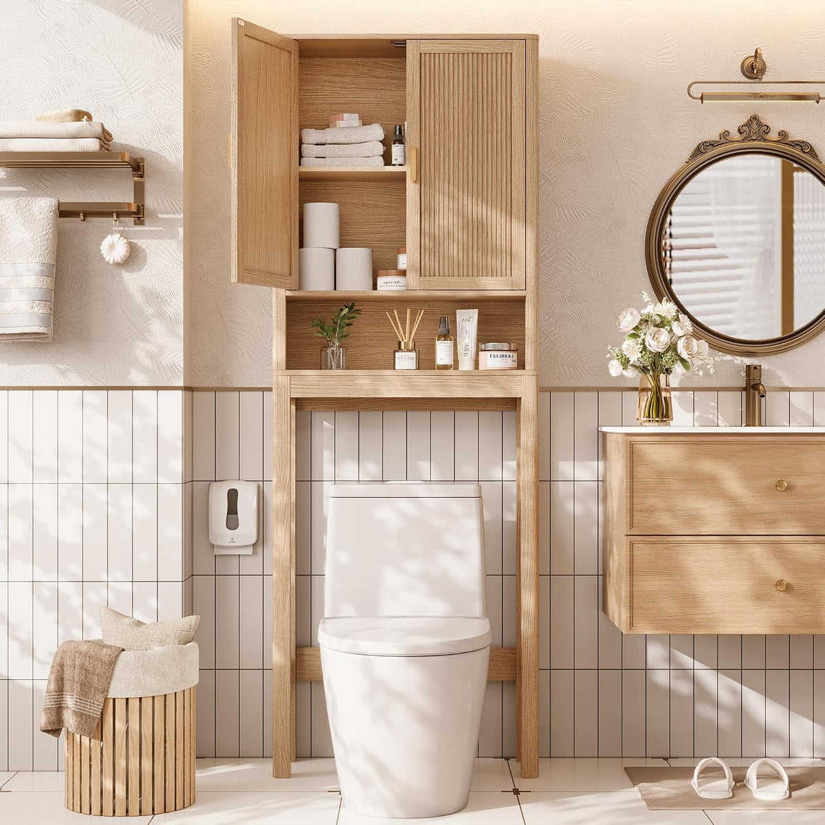 Over the Toilet Storage Cabinet, Bathroom Storage Cabinet with Fluted Doors and Adjustable Shelf, Tall Freestanding Over Toilet Bathroom Organizer with Anti-Tip Kit for Bathrooms Laundry, Boho Style