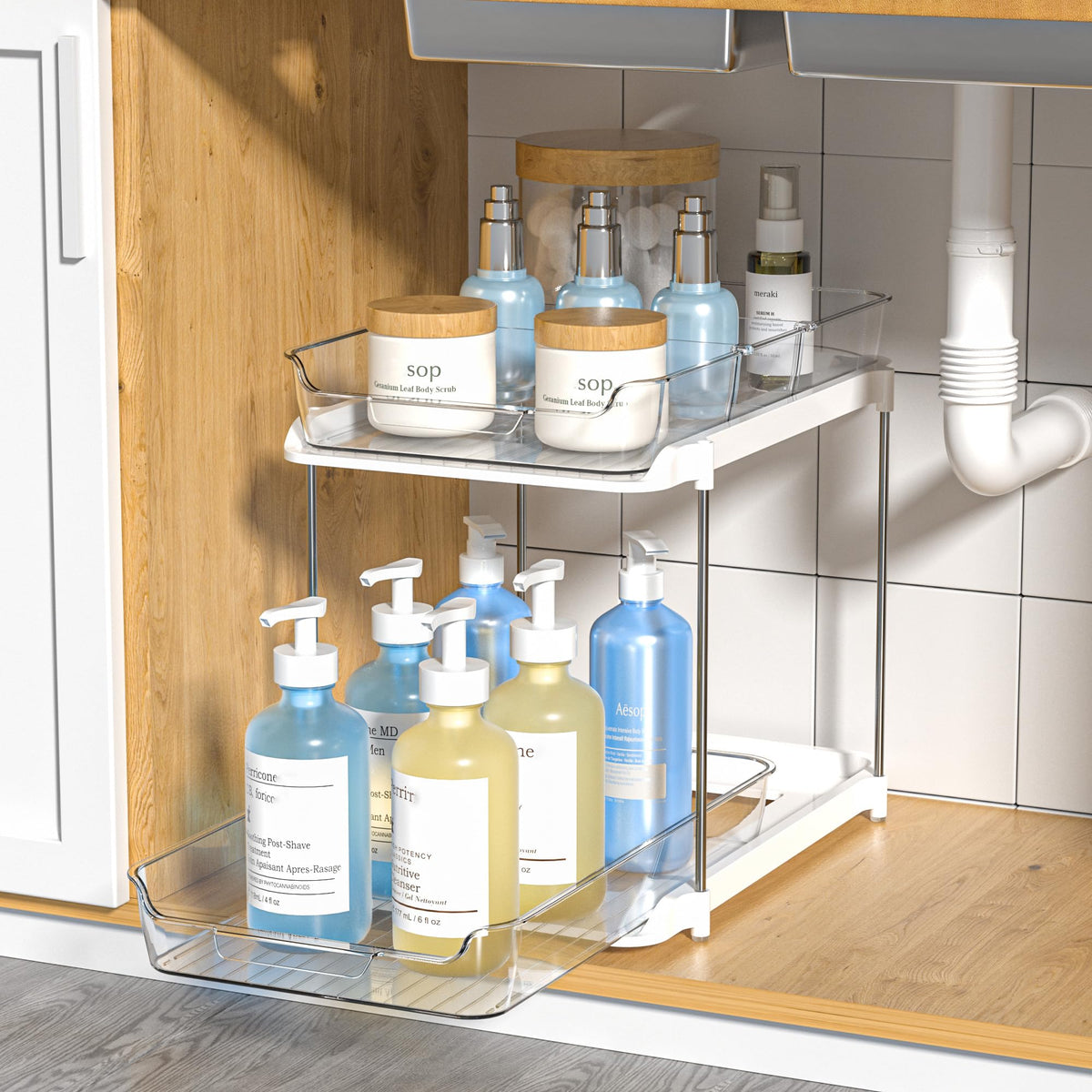 Delamu 2-Tier Bathroom Under Sink Organizers and Storage, Pull Out Cabinet Drawers with Anti-Slip Design, Multi-Purpose Storage for Kitchen, Pantry, Bathroom & Home Organization, White, 4 Pack