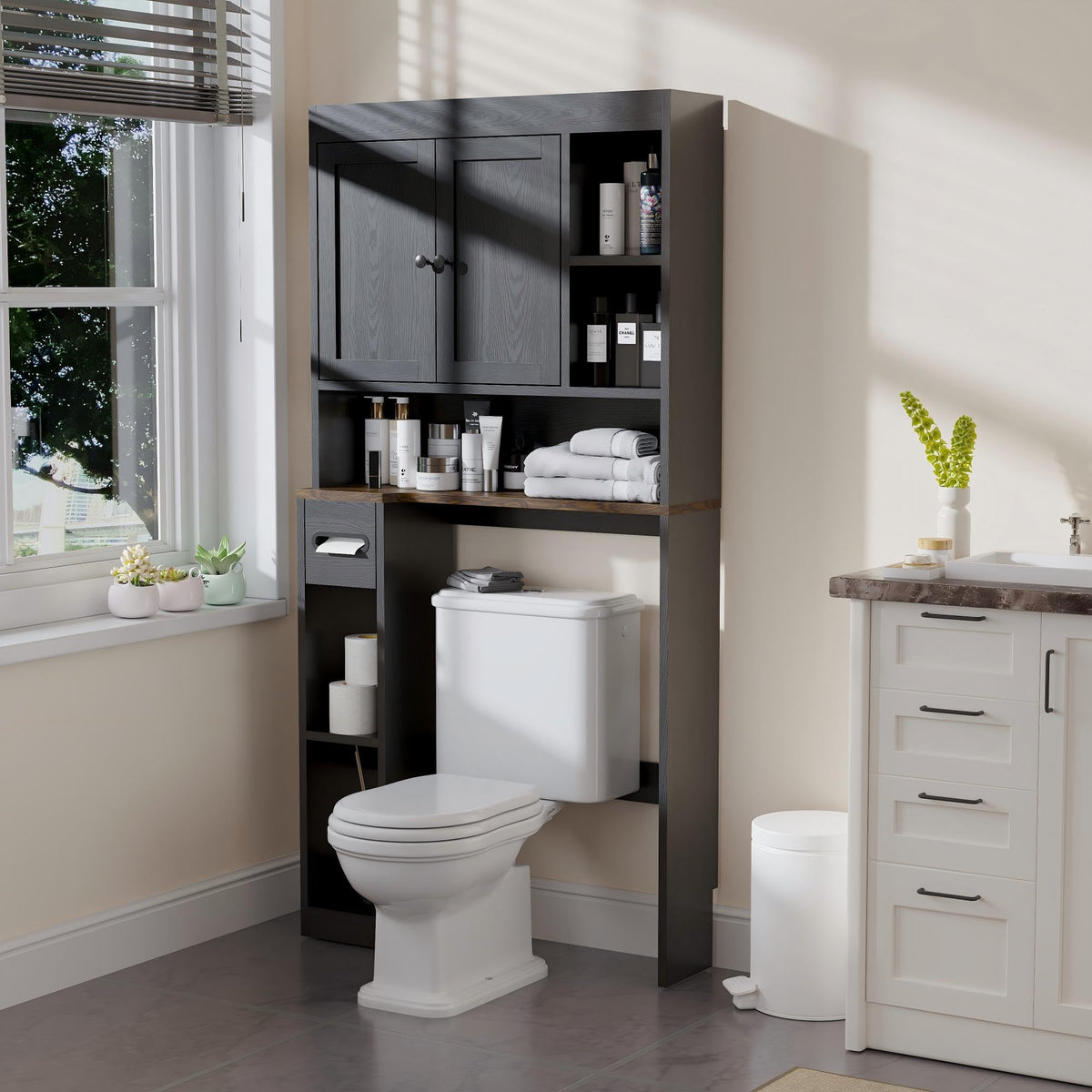 Over The Toilet Storage Cabinet with 7 Shelves, Imitation Walnut Grain Above Toilet Bathroom Organizer with Toilet Paper Holder Stand, Space Saver for Restroom, Laundry, Bathroom (White)