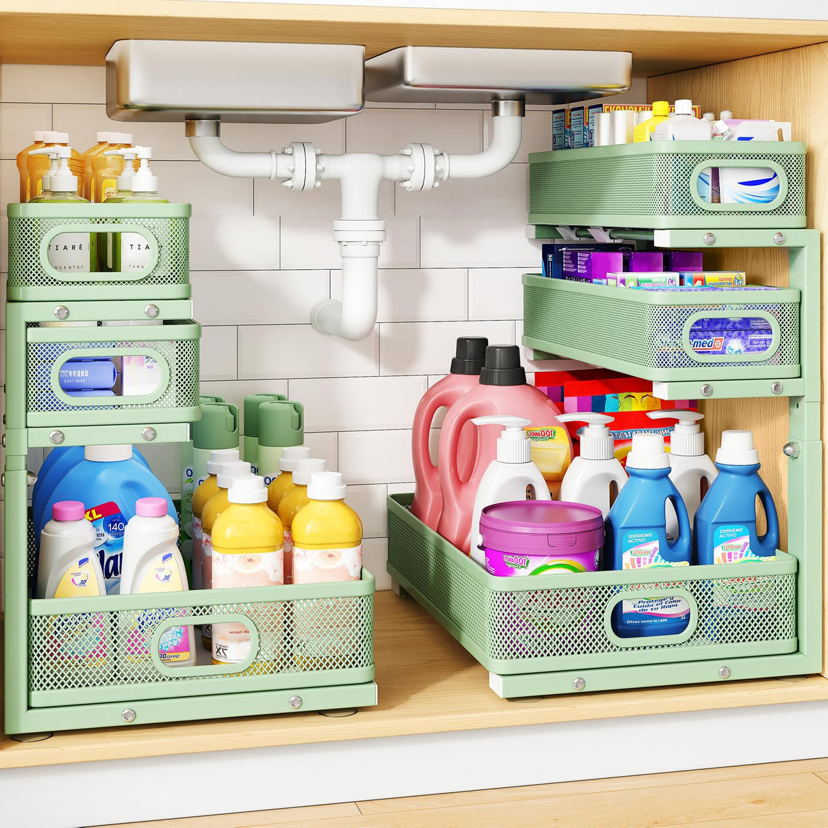 Under Sink Organizer, 3-Tier Thickened Metal Pull out Cabinet Organizer Shelf, Height Adjustable Slide out Storage Drawer Rack for Kitchen Bathroom Pantry Laundry Home Organization, 2-Pack, Black