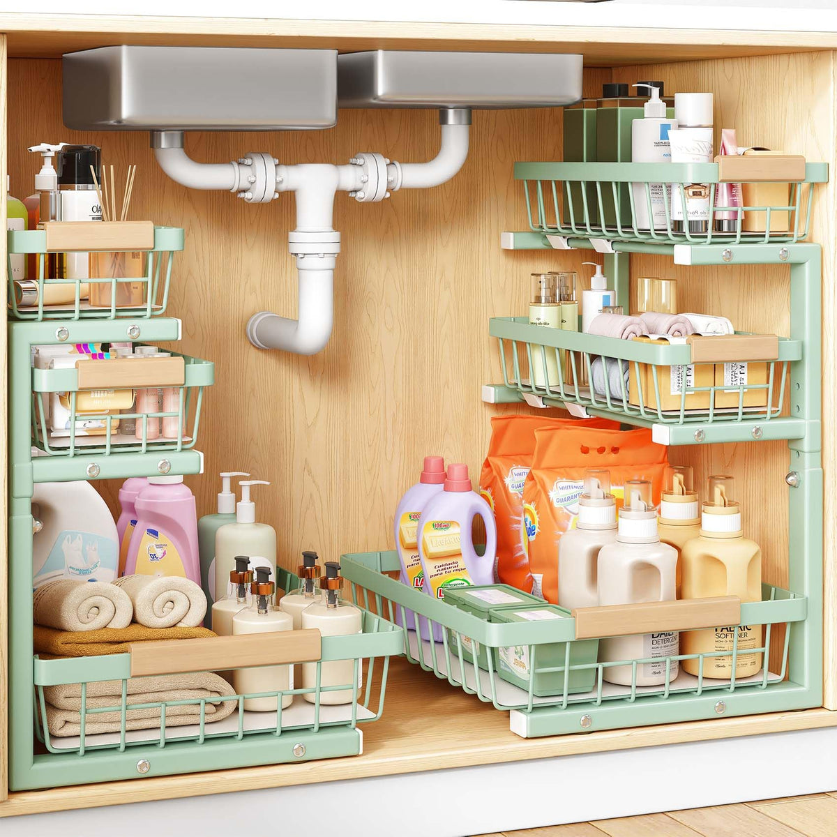 PXRACK Under Sink Organizer, 2-Pack 3-Tier Height Adjustable Thickened Metal Pull out Cabinet Organizer Shelf, Slide out Storage Drawer Rack for Bathroom Kitchen Pantry Home Organization, White