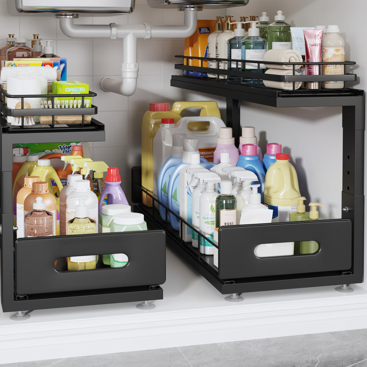 Under Sink Organizer Upgrade To Professional Rails,2-Tier Dual Pull Out Cabinet Storage,Height Adjustable Slide Out Drawers For Bathroom Kitchen,2 Pack-14.5" Dx12.8-16.9" H,White
