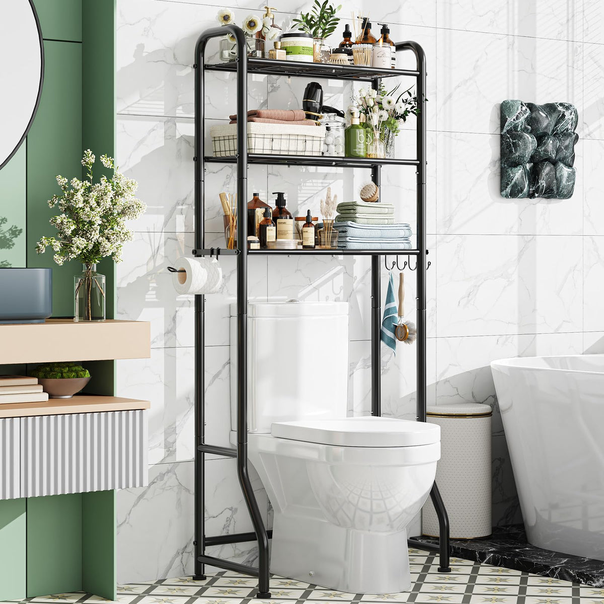 Simple Trending Over The Toilet Storage Rack, Metal 3 Tier Bathroom Organizer Shelf with Paper Holder and 3 Hooks, Freestanding Shelf Space Saver Above Toilet, White