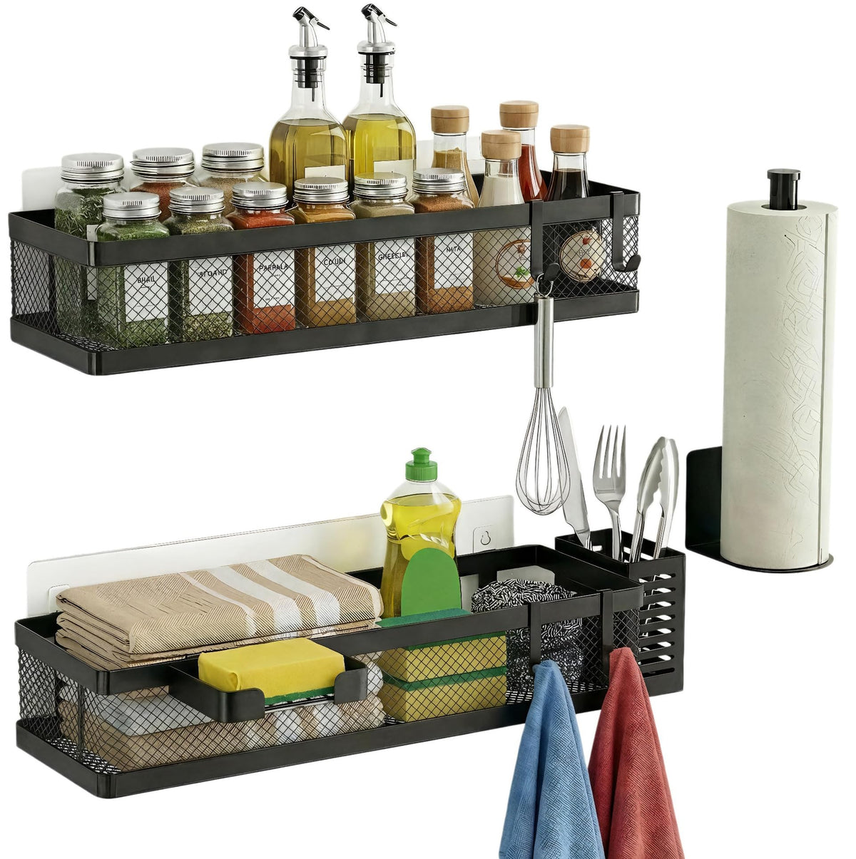 PUSDON Mesh Shower Caddy Wall Mount, Heavy Duty Adhesive Bathroom Shelf Organizer, Rustproof Floating Spice Rack for Kitchen Pantry, Holds 50 LBS, Multi-Purpose Storage Black-2 Packs (Netting)