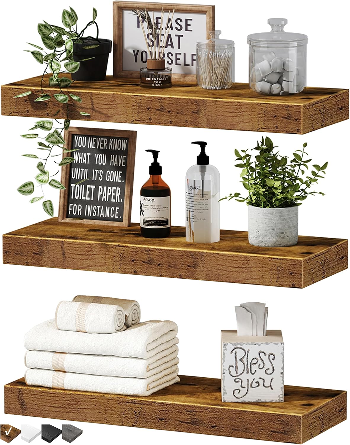 QEEIG Floating Shelves for Wall Small Shelf (Brown, Set of 3, 15.7" x 6.7")