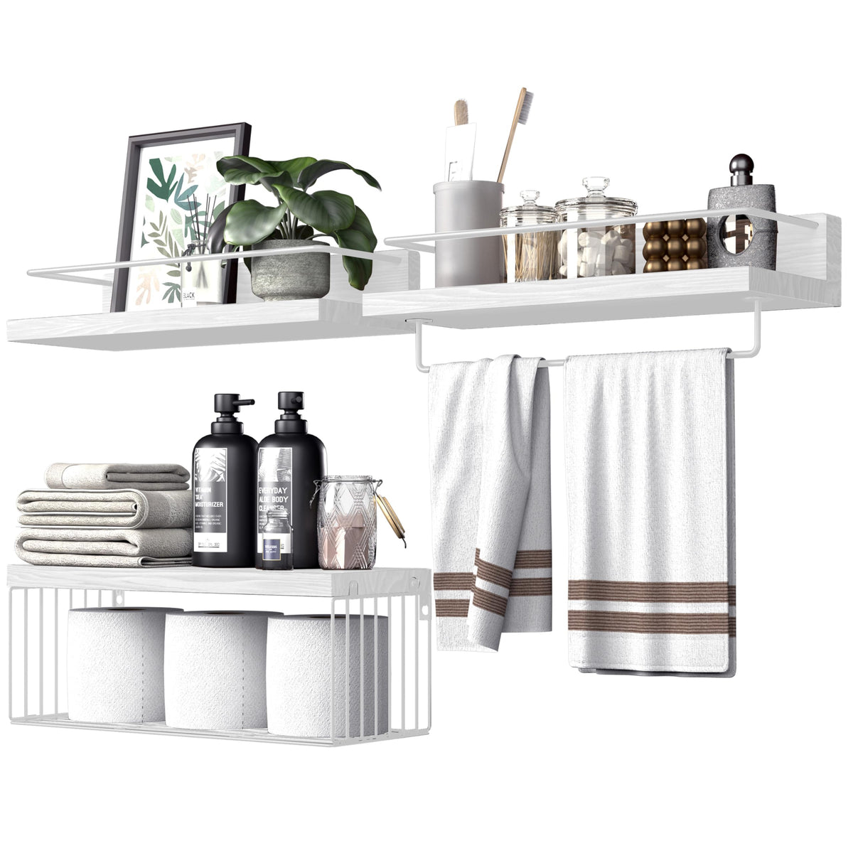 PopiShelves Bathroom Shelves Over Toilet for Wall, Floating Shelves with Storage Basket Paper Holer for Kitchen Living Room, Bedroom & Classroom, Set of 3 (Dark Brown)