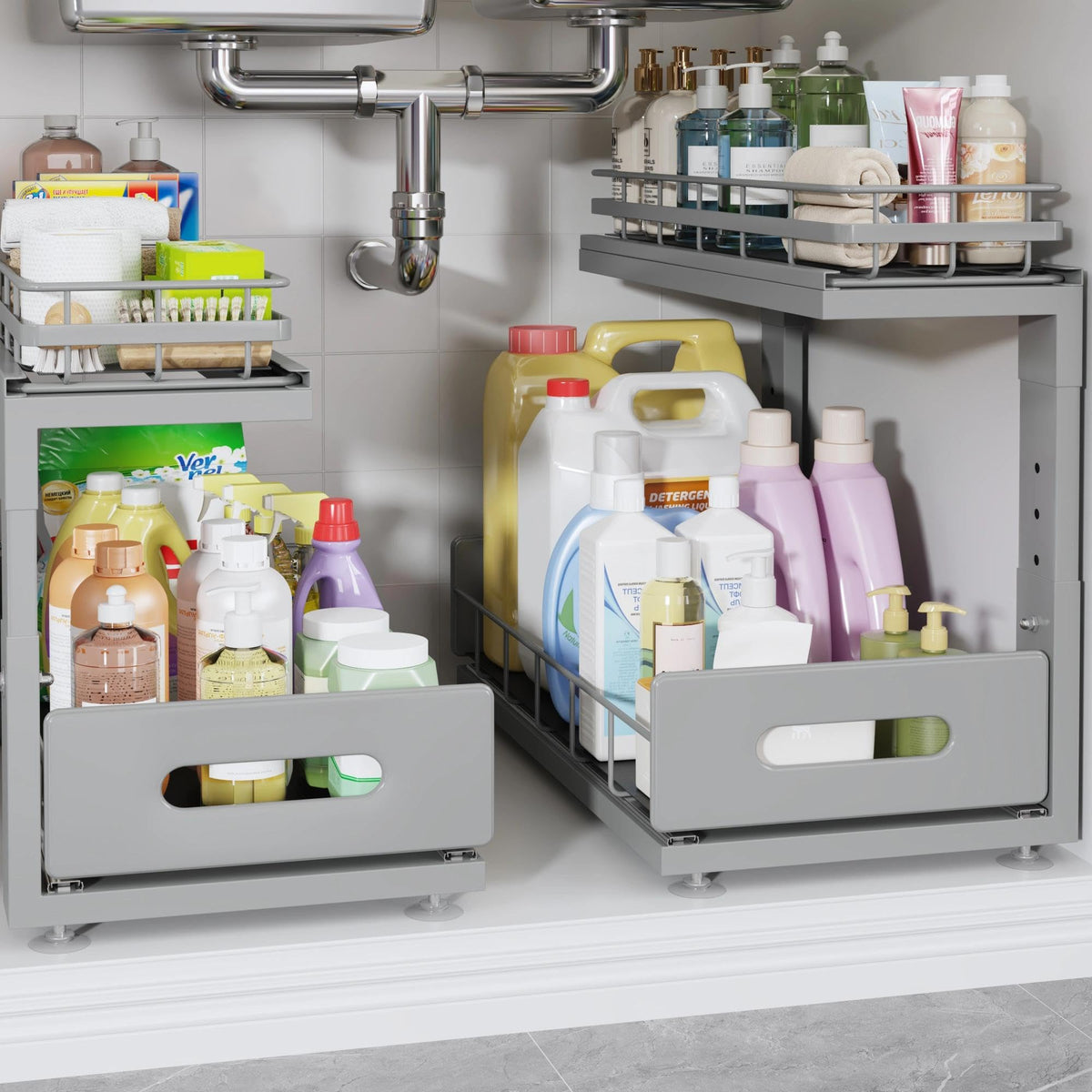 Under Sink Organizer Upgrade To Professional Rails,2-Tier Dual Pull Out Cabinet Storage,Height Adjustable Slide Out Drawers For Bathroom Kitchen,2 Pack-14.5" Dx12.8-16.9" H,White