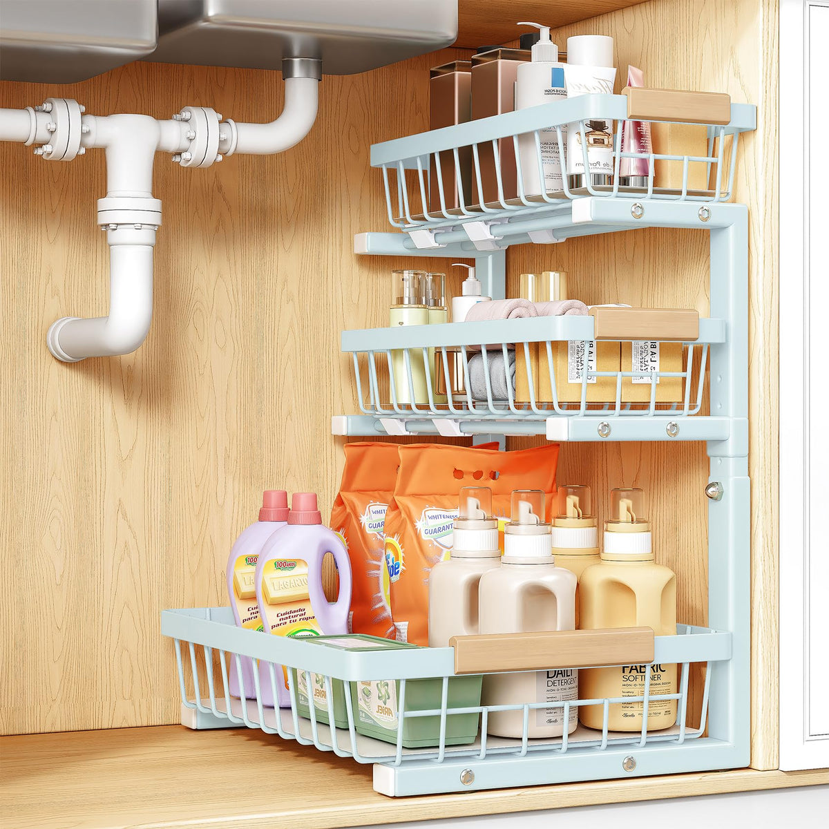 PXRACK Under Sink Organizer, 2-Pack 3-Tier Height Adjustable Thickened Metal Pull out Cabinet Organizer Shelf, Slide out Storage Drawer Rack for Bathroom Kitchen Pantry Home Organization, White