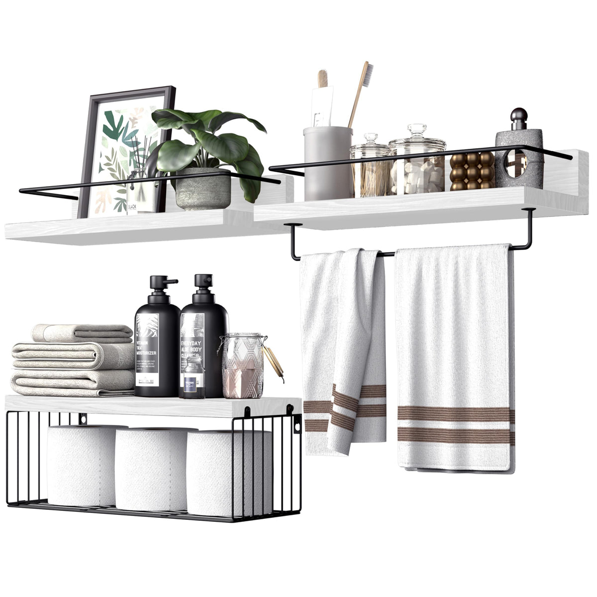 PopiShelves Bathroom Shelves Over Toilet for Wall, Floating Shelves with Storage Basket Paper Holer for Kitchen Living Room, Bedroom & Classroom, Set of 3 (Dark Brown)